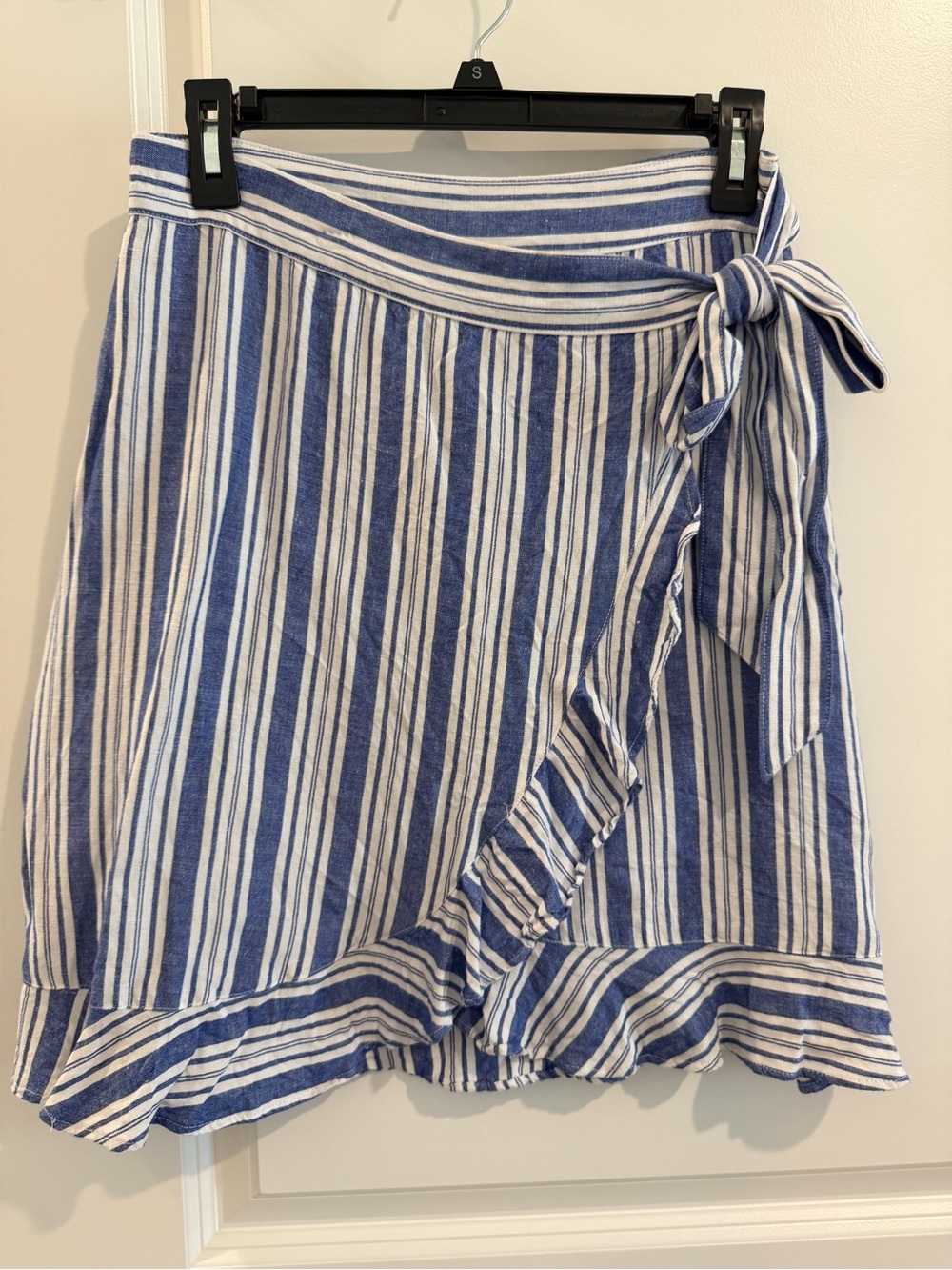 LOFT Blue & White Striped Wrap Mini Skirt with Side Tie